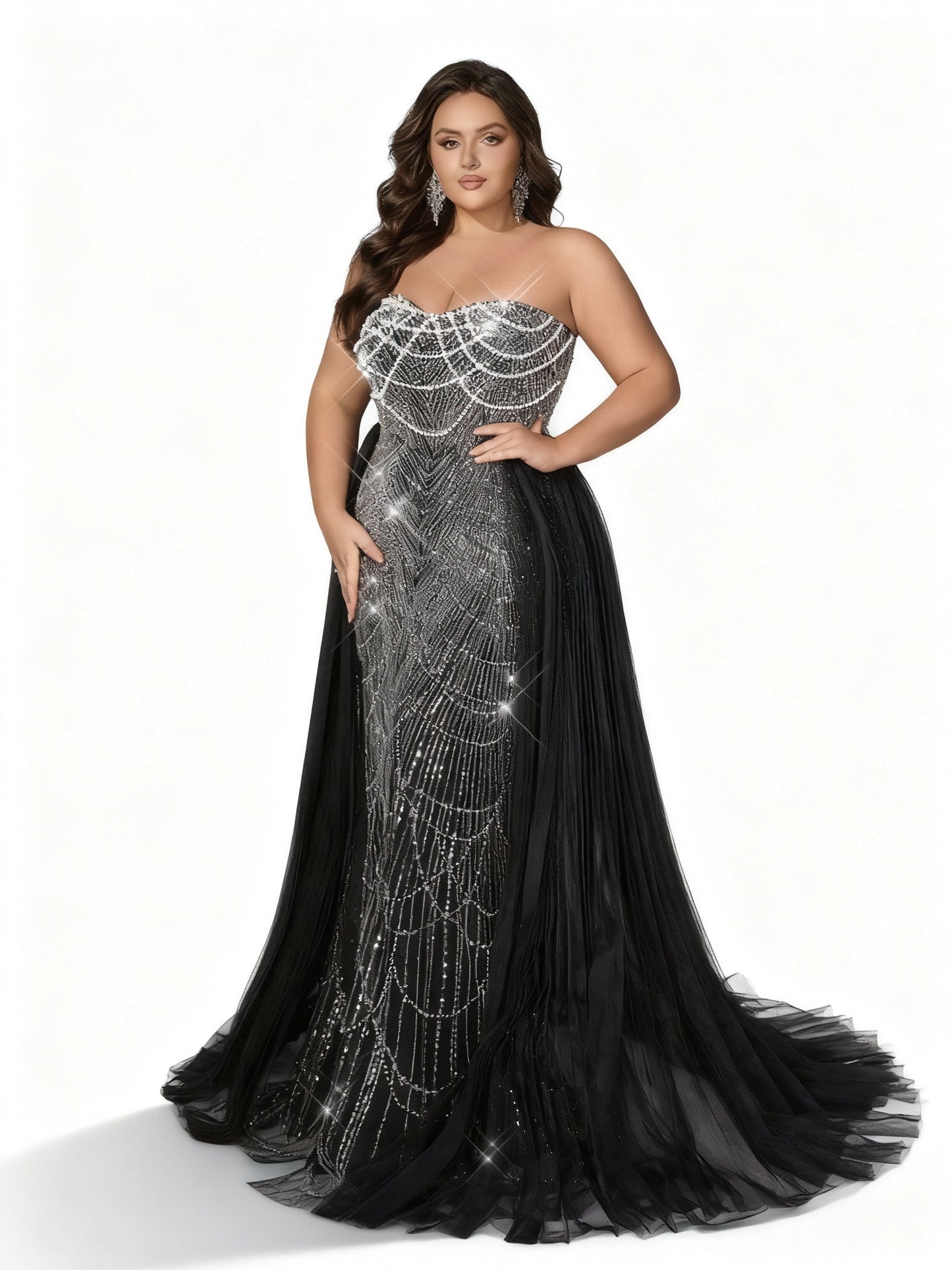 Sovaae | Glamouröses Schwarzes Pailletten-Abendkleid in Übergröße mit Trägerlosem Design