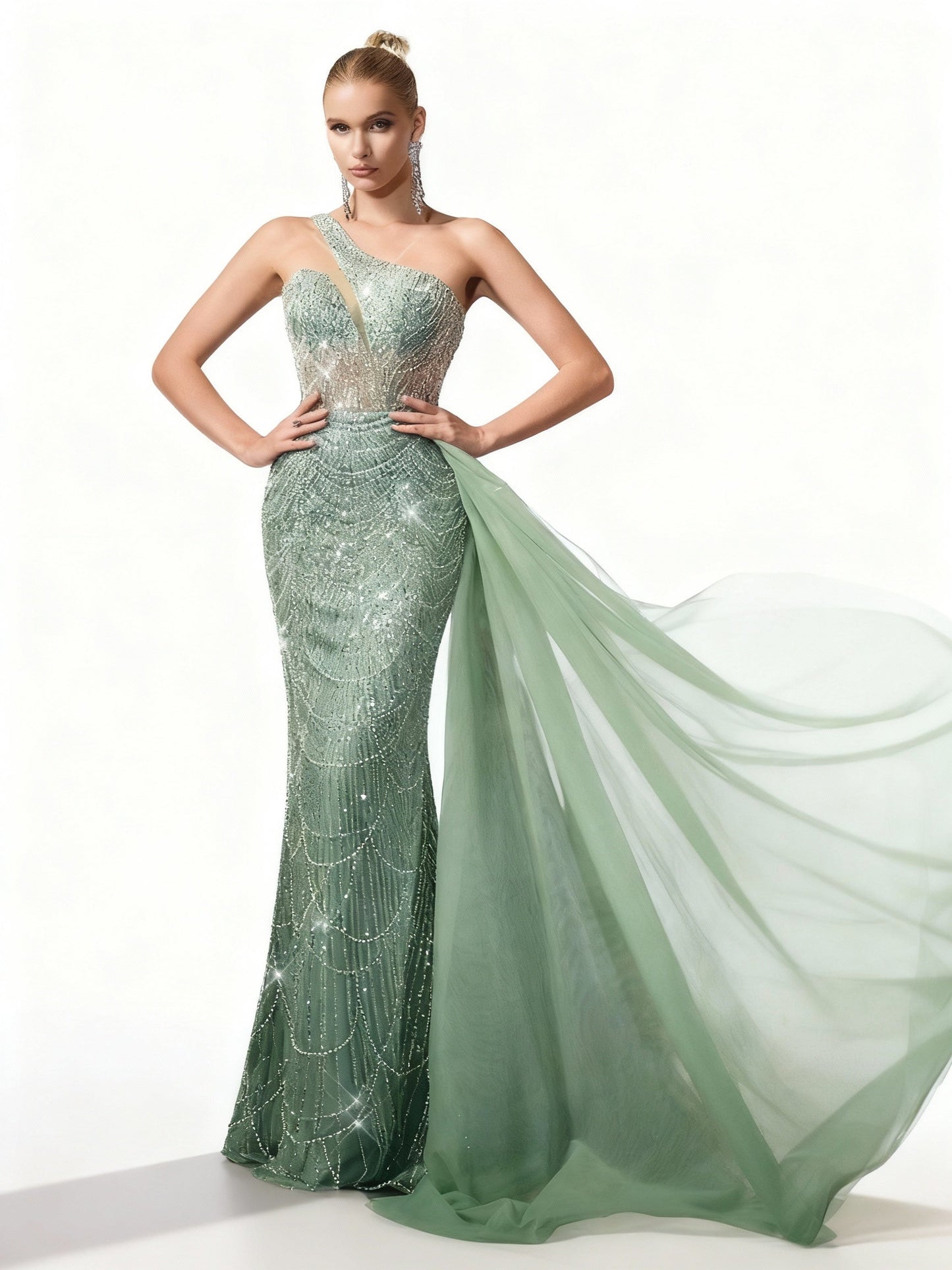 Stalluxe | Elegantes Minzgrünes One-Shoulder-Pailletten-Abendkleid xl