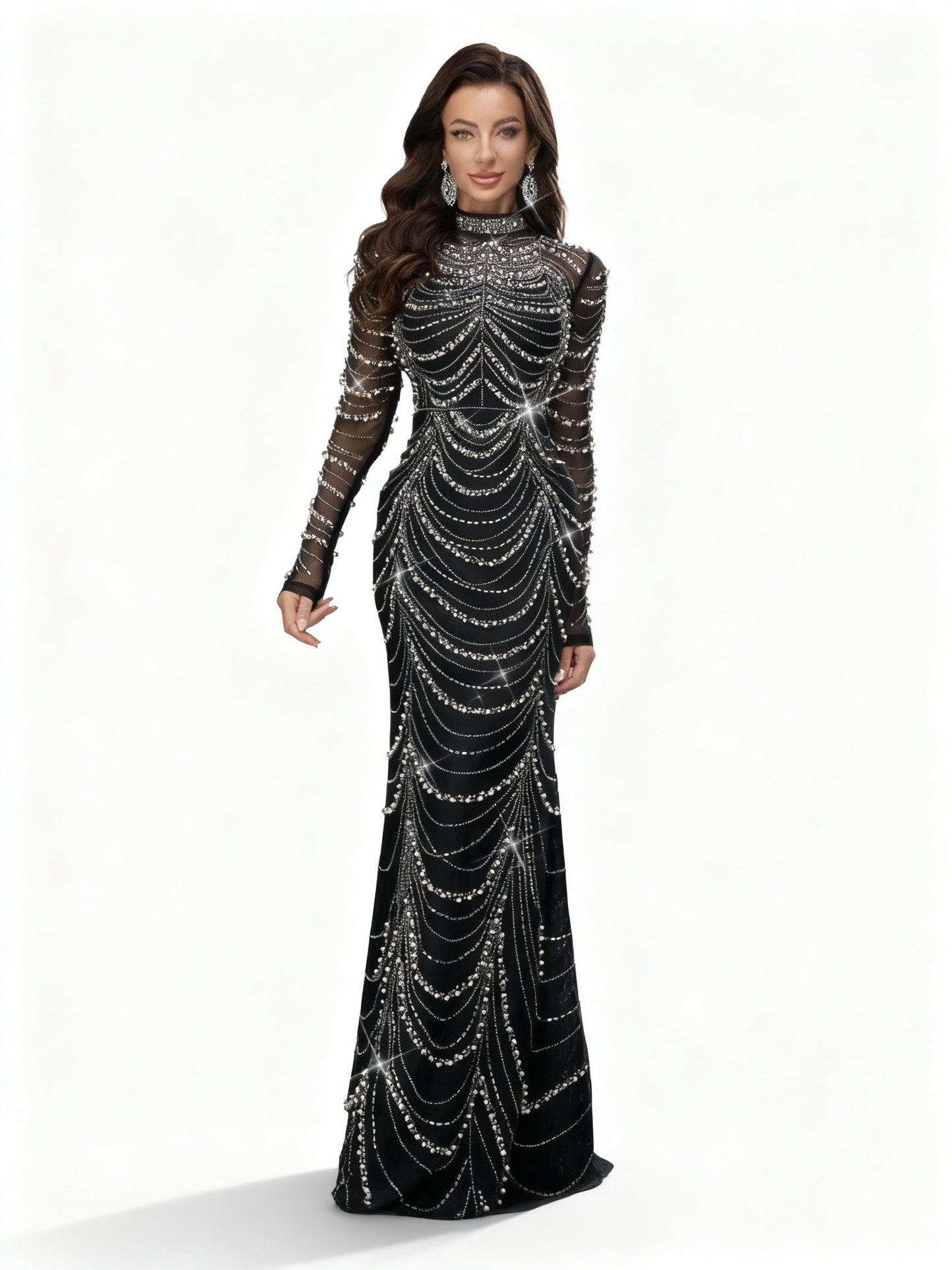 Stalluxe | Elegantes Schwarzes Abendkleid mit Strass, Stehkragen und Schlitz xl