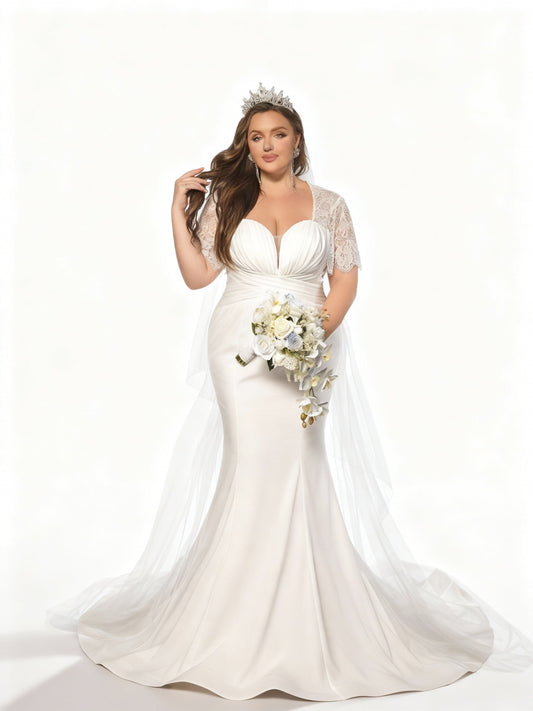 Stalluxe | Weißes Brautkleid mit kurzen Ärmeln, Mesh und Faltenrock