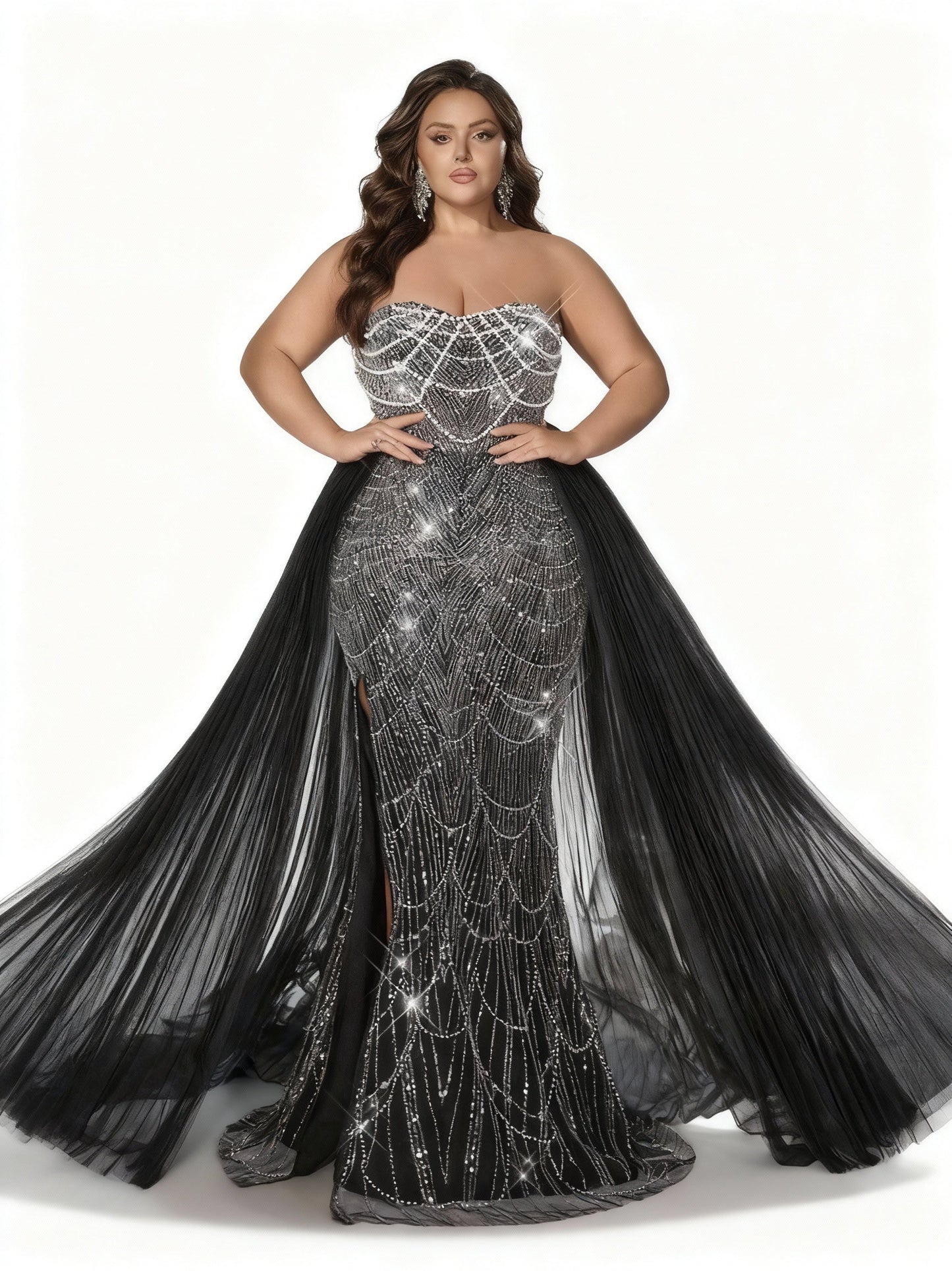 Sovaae | Glamouröses Schwarzes Pailletten-Abendkleid in Übergröße mit Trägerlosem Design