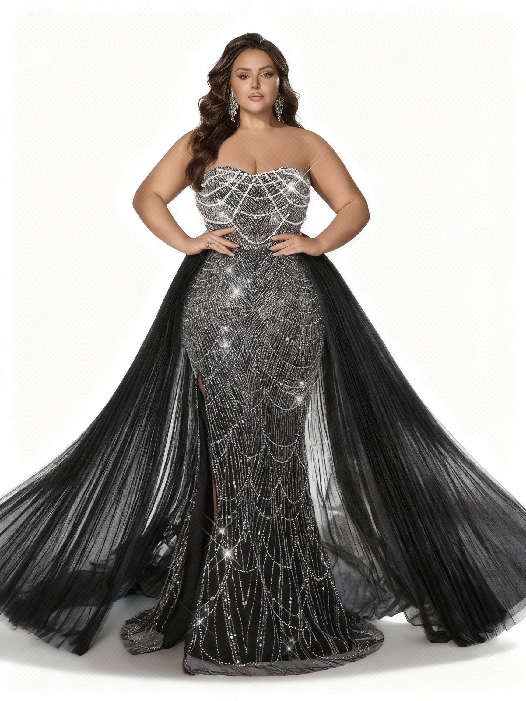 Sovaae | Glamouröses Schwarzes Pailletten-Abendkleid in Übergröße mit Trägerlosem Design