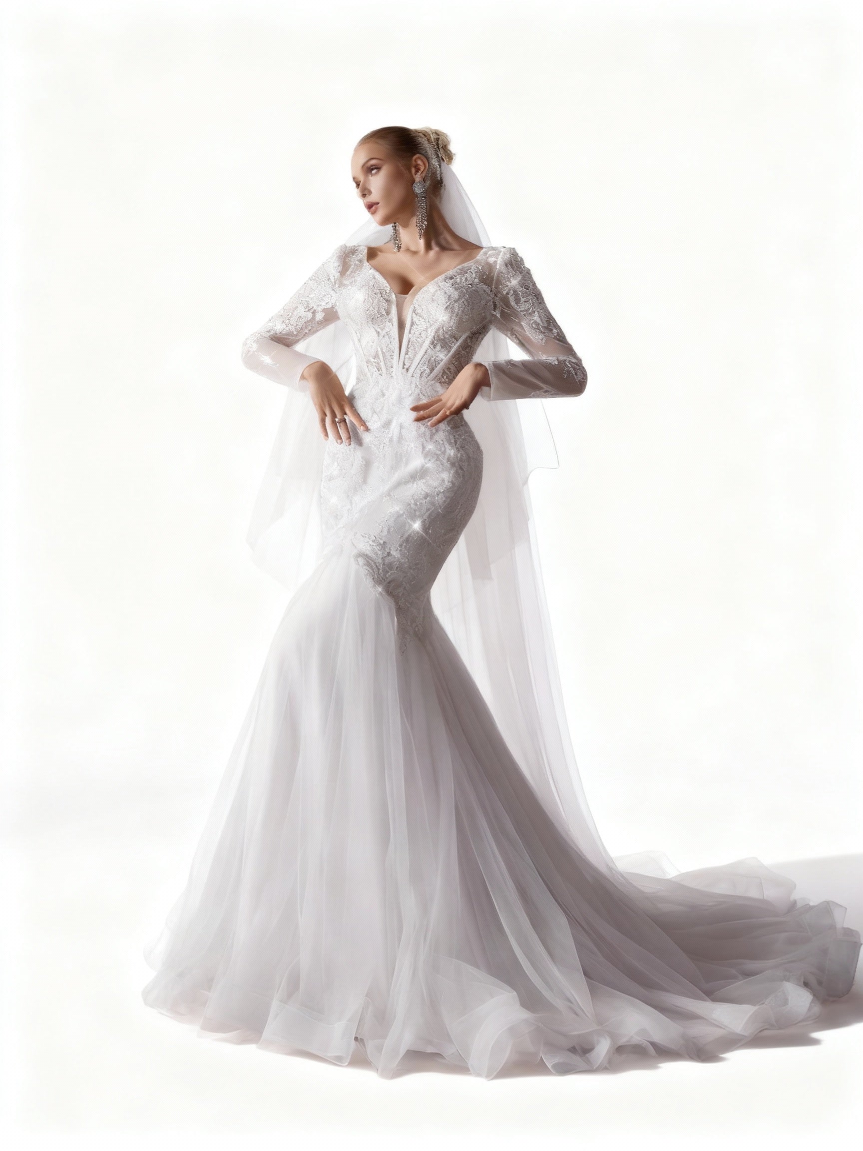 Stalluxe | Romantisches Weißes Spitzen-Brautkleid mit Mesh, V-Ausschnitt und Langarm