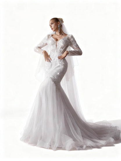 Stalluxe | Romantisches Weißes Spitzen-Brautkleid mit Mesh, V-Ausschnitt und Langarm