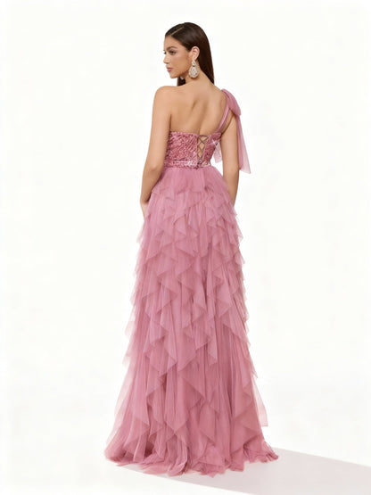 Stalluxe | Romantisches Pink Pailletten Mesh Hoher Schlitz Abendkleid