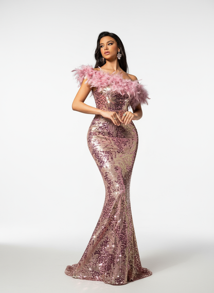 Stalluxe | Elegantes Rosa Ein-Schulter-Pailletten-Partykleid mit Federn