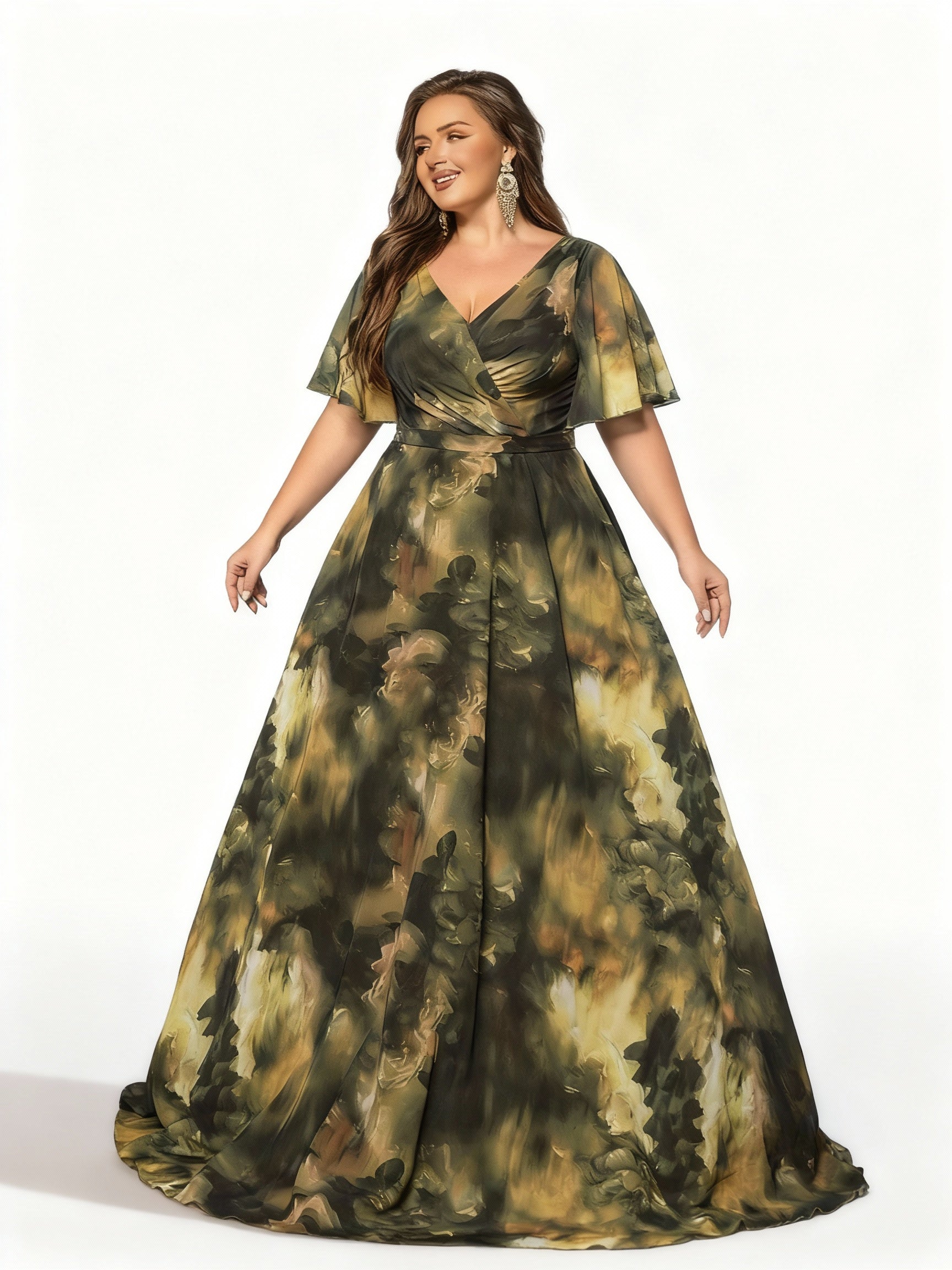 Stalluxe | Stilvolles Grünes Batik-Abendkleid in Übergröße mit V-Ausschnitt