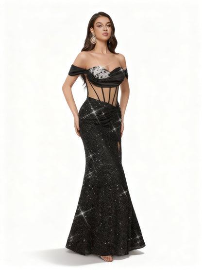 Stalluxe | Glamouröses Schwarzes Pailletten Trägerloses Abendkleid