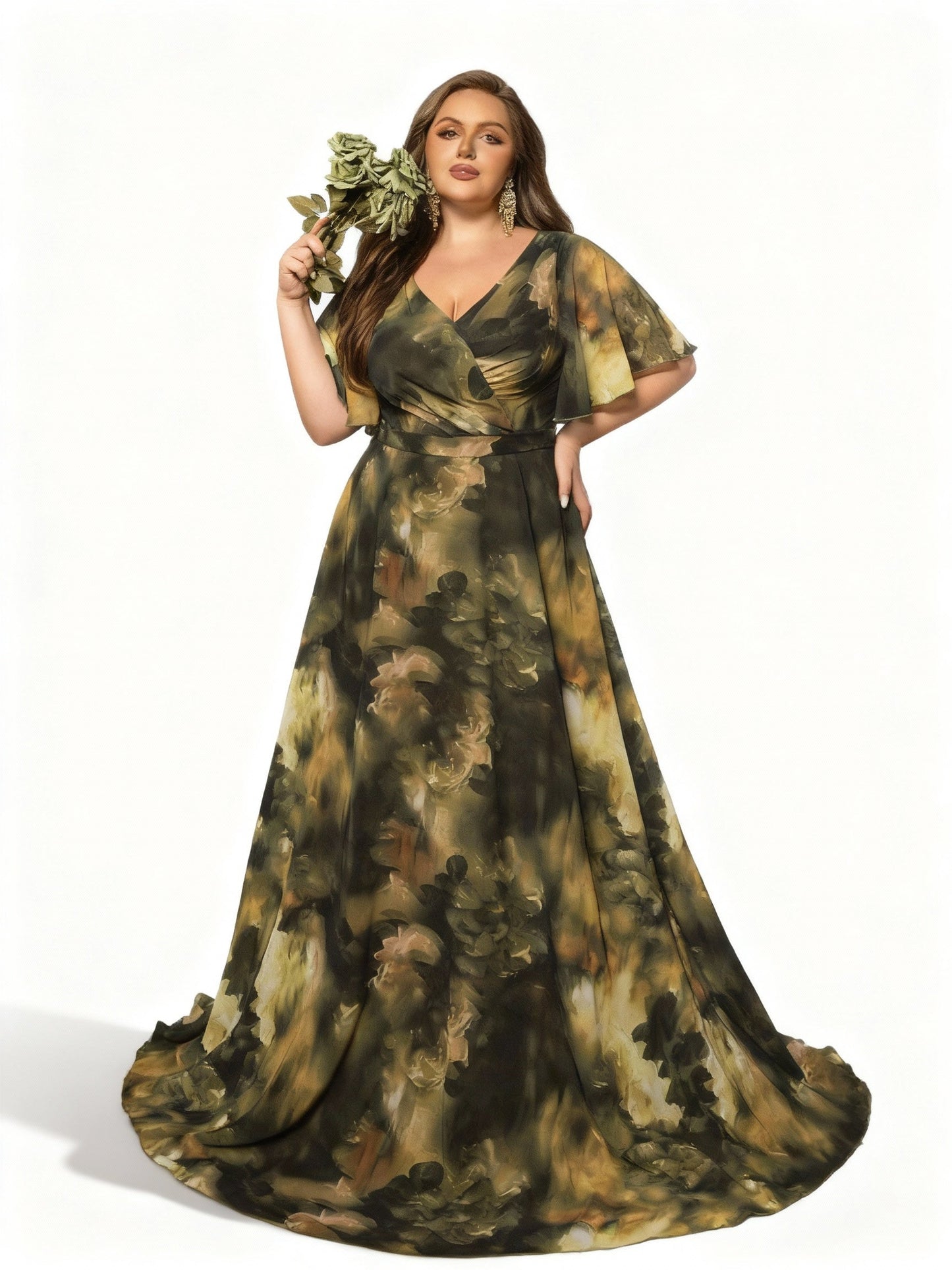 Stalluxe | Stilvolles Grünes Batik-Abendkleid in Übergröße mit V-Ausschnitt