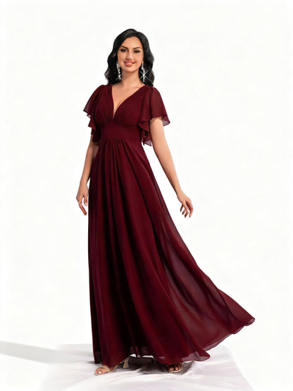 Stalluxe | Schlichtes Burgunderrotes Chiffon-Abendkleid mit V-Ausschnitt