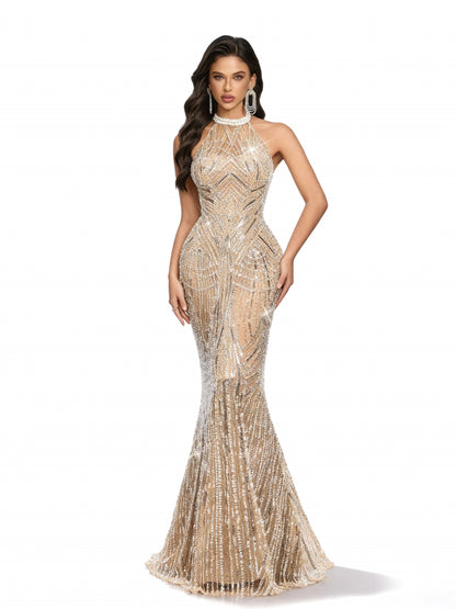 Stalluxe | Champagnerfarbenes Kleid mit Neckholder und Rückenschleife