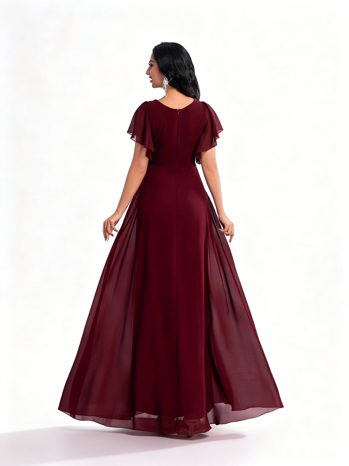 Stalluxe | Schlichtes Burgunderrotes Chiffon-Abendkleid mit V-Ausschnitt