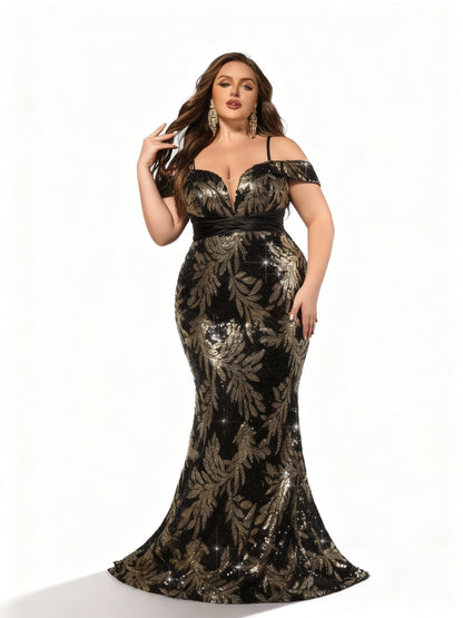 Stalluxe | Klassisches Schwarzes Abendkleid mit Perlen und Blumenmuster im Meerjungfrauenstil