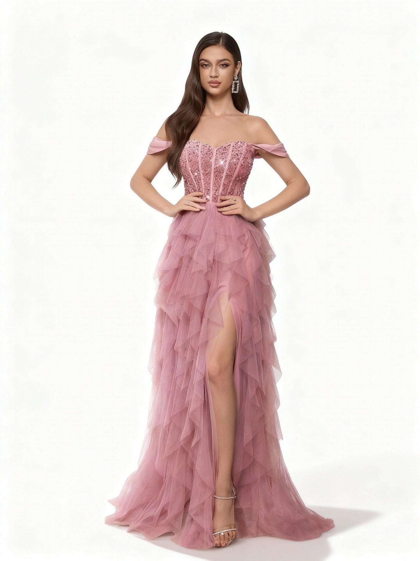 Stalluxe | Süßes Pink Trägerloses Lagenmesh Pailletten Abendkleid