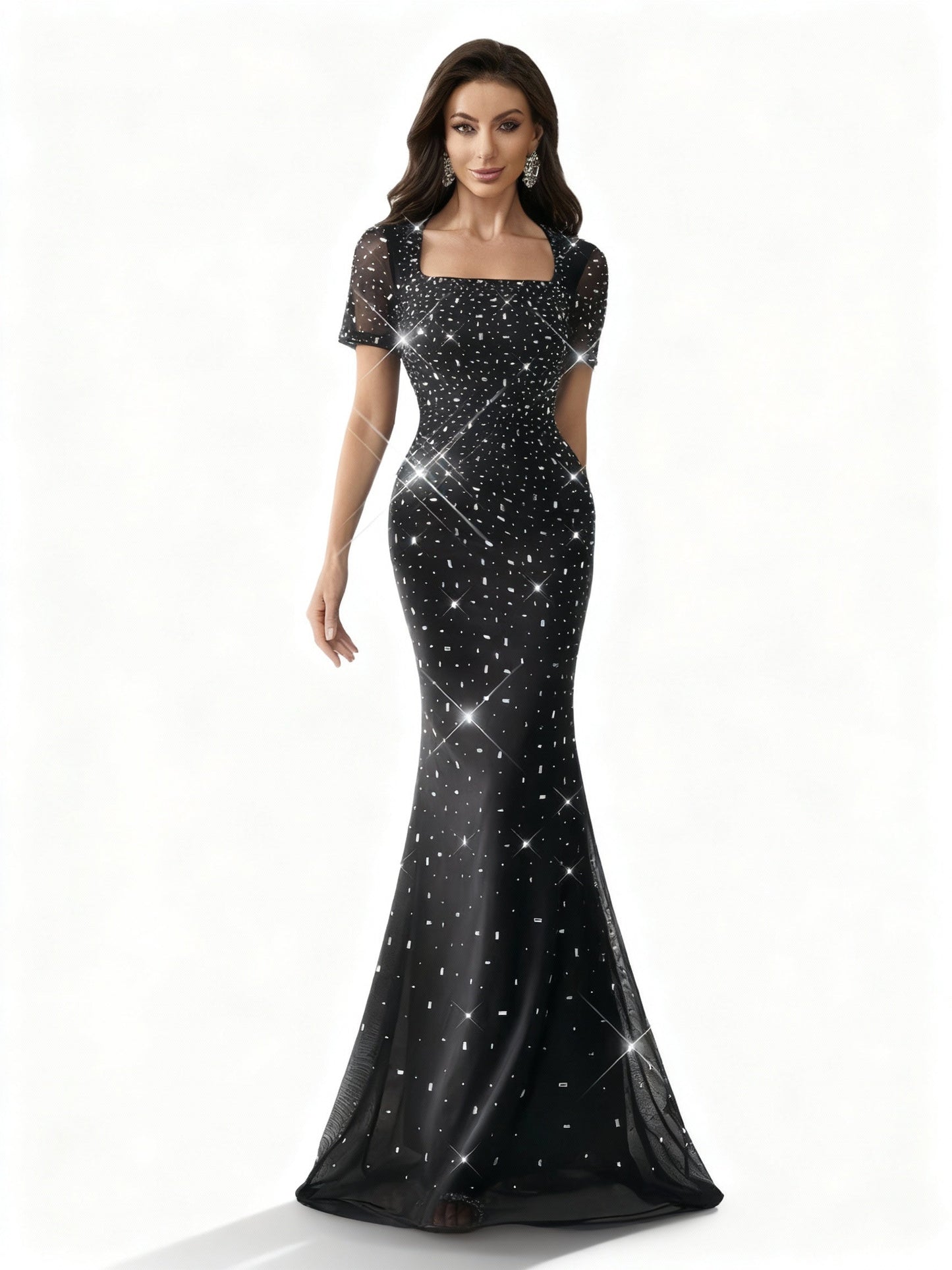 Stalluxe | Elegantes Schwarzes Strasskleid mit Quadratkragen und Kurzen Ärmeln