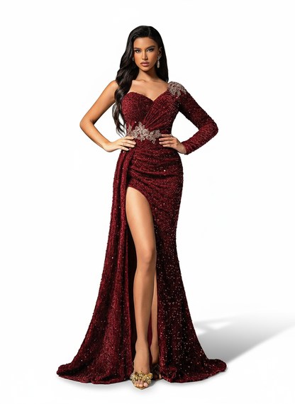 Stalluxe | Glamouröses Pailletten-Abendkleid mit Schlitz und Langarm