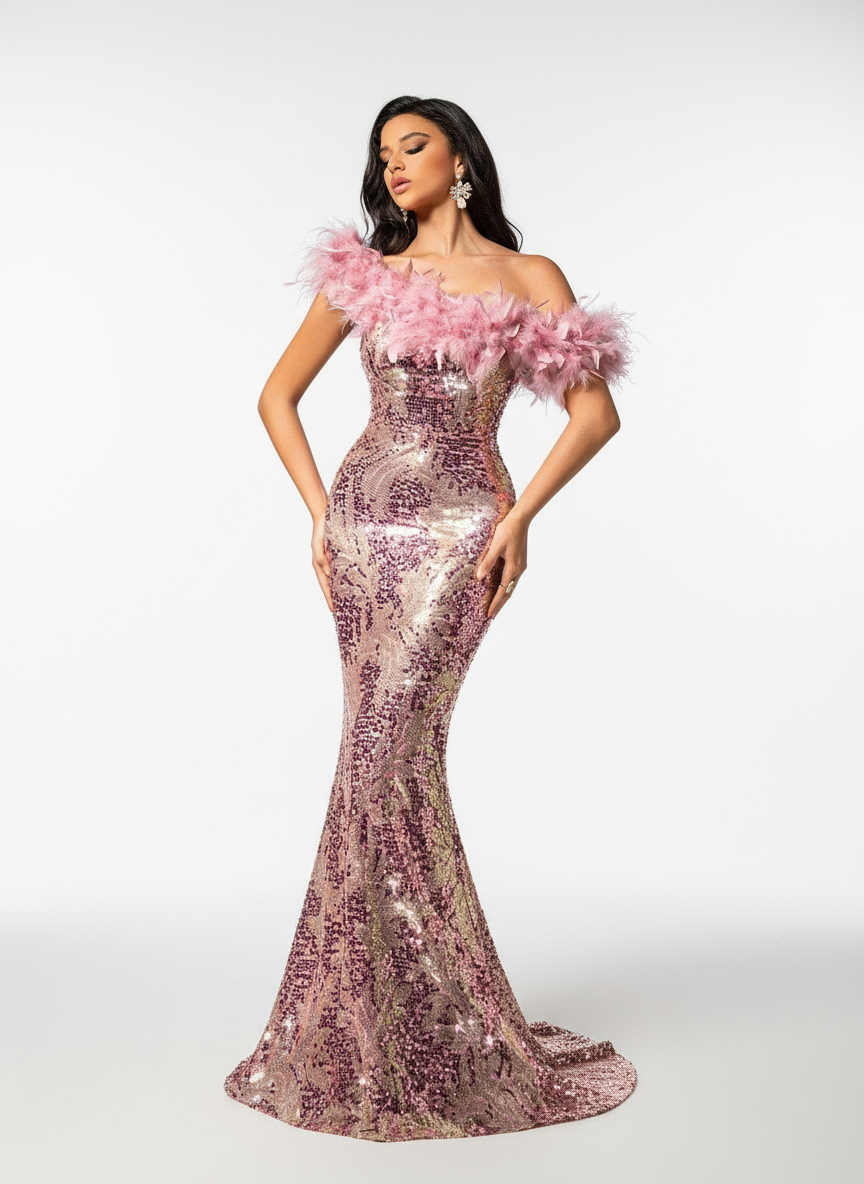 Stalluxe | Elegantes Rosa Ein-Schulter-Pailletten-Partykleid mit Federn