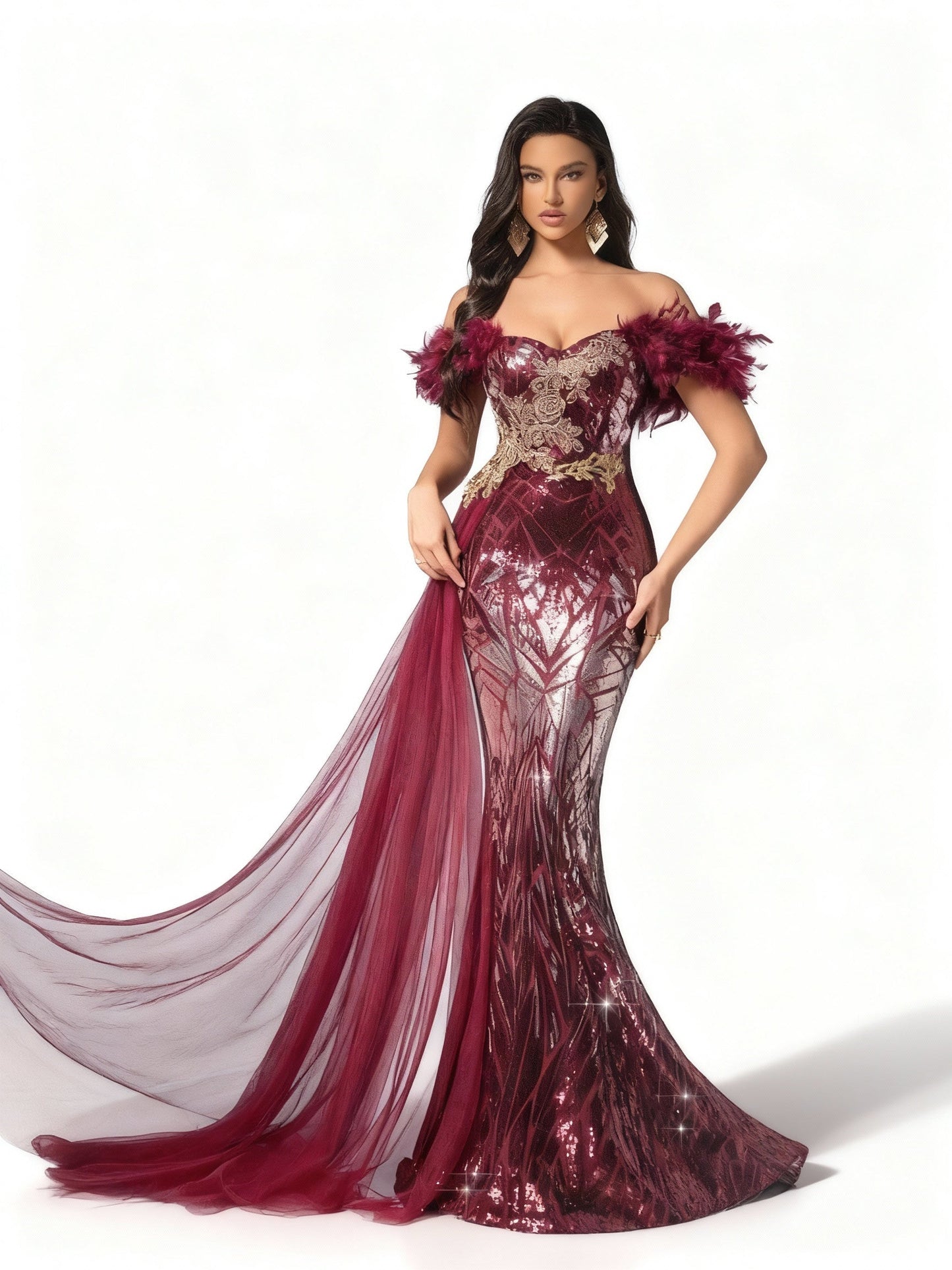 Stalluxe | Burgunderfarbenes One-Shoulder-Kleid mit Federdekor