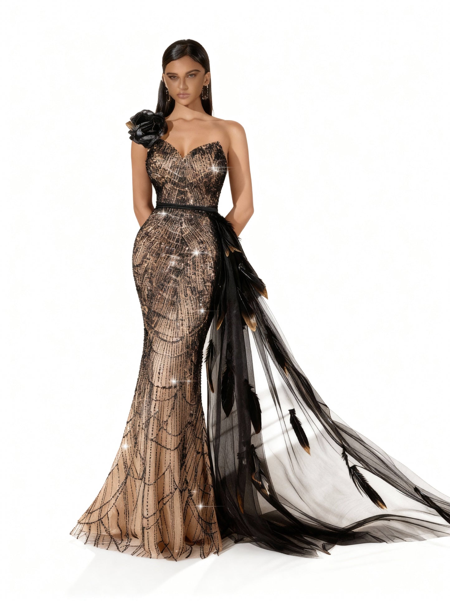 Stalluxe | Göttliches Schwarzes Paillettenkleid mit Applikationen und Asymmetrischem Ausschnitt