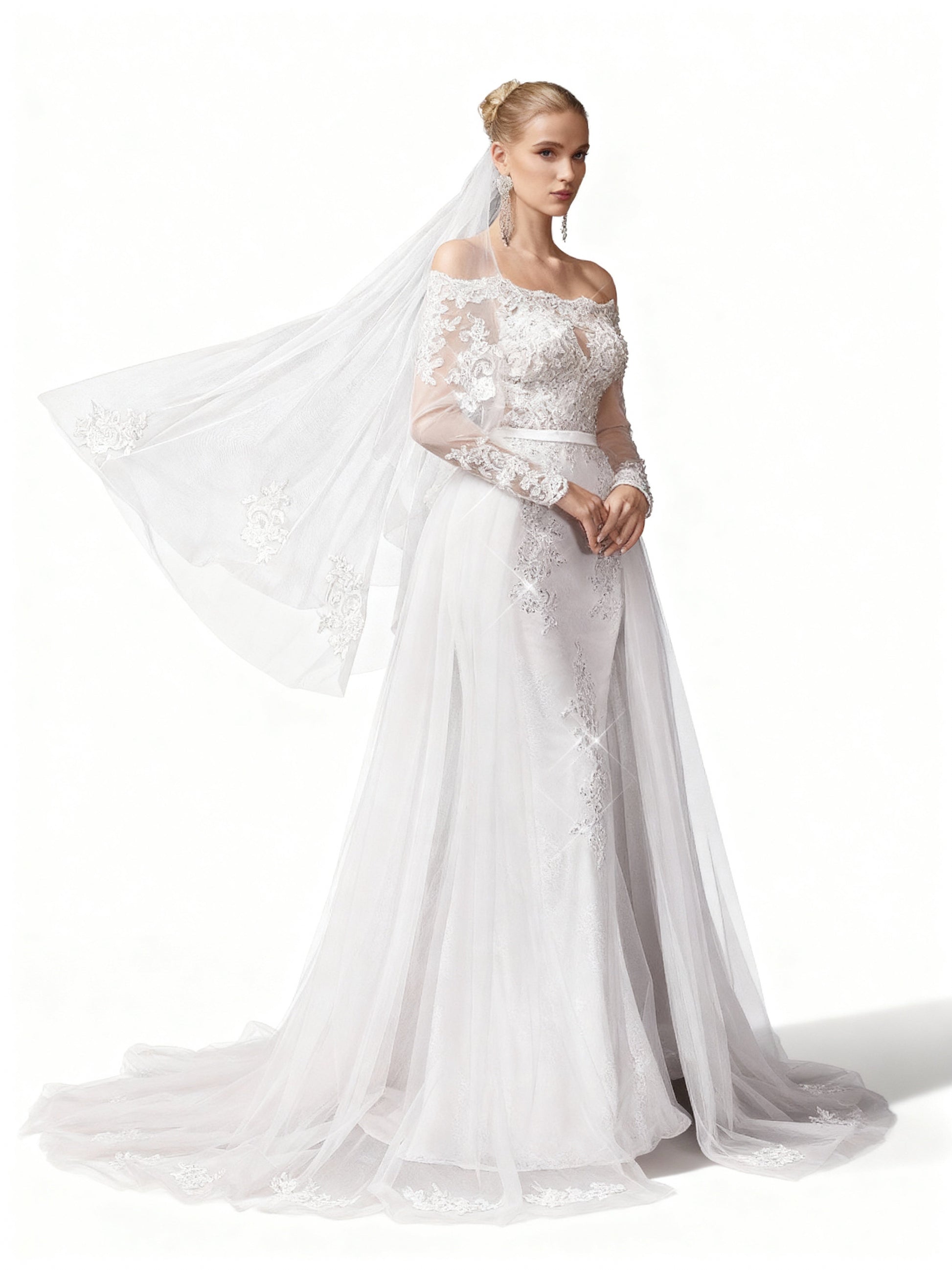 Stalluxe | Träumerisches Weißes Spitzen-Brautkleid mit Schulterfreiem Mesh-Design und Langarm