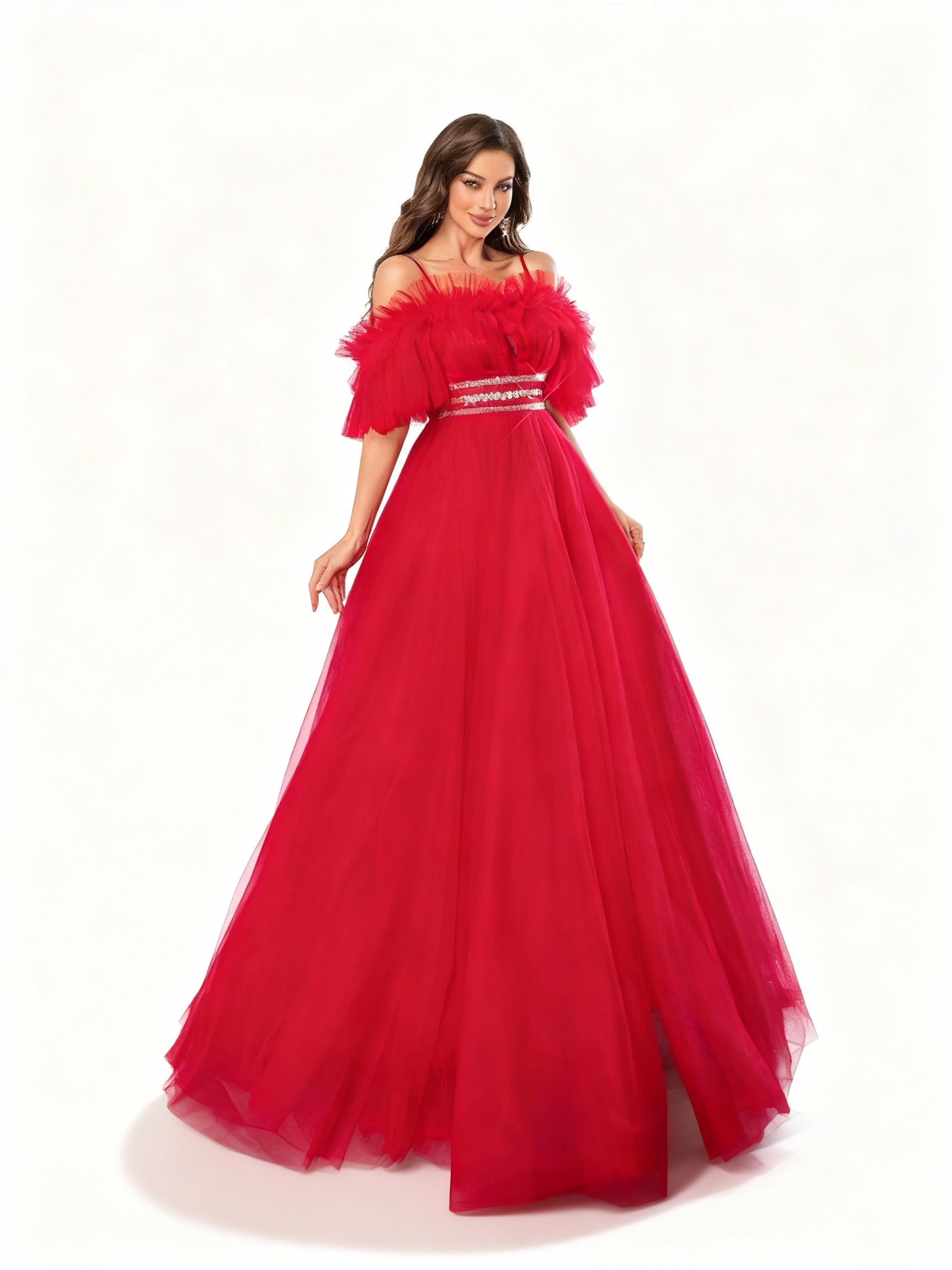 Stalluxe | Atemberaubendes rotes trägerloses Kleid mit Mesh-Schlitz