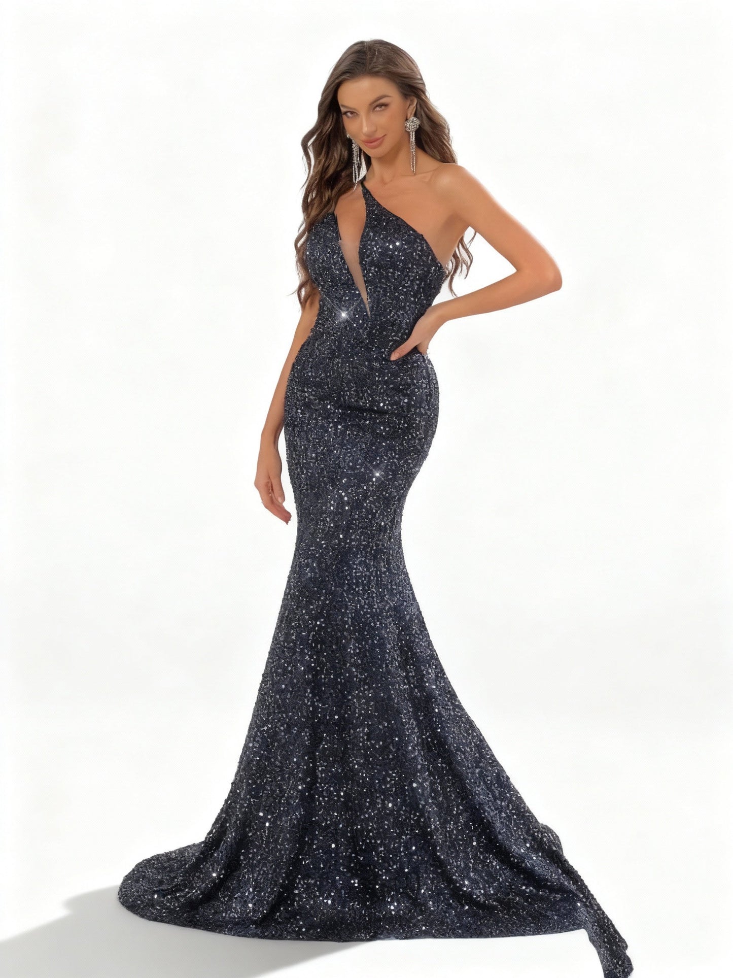 Stalluxe | Glamouröses Marineblaues Paillettenkleid mit Einem Schulterträger