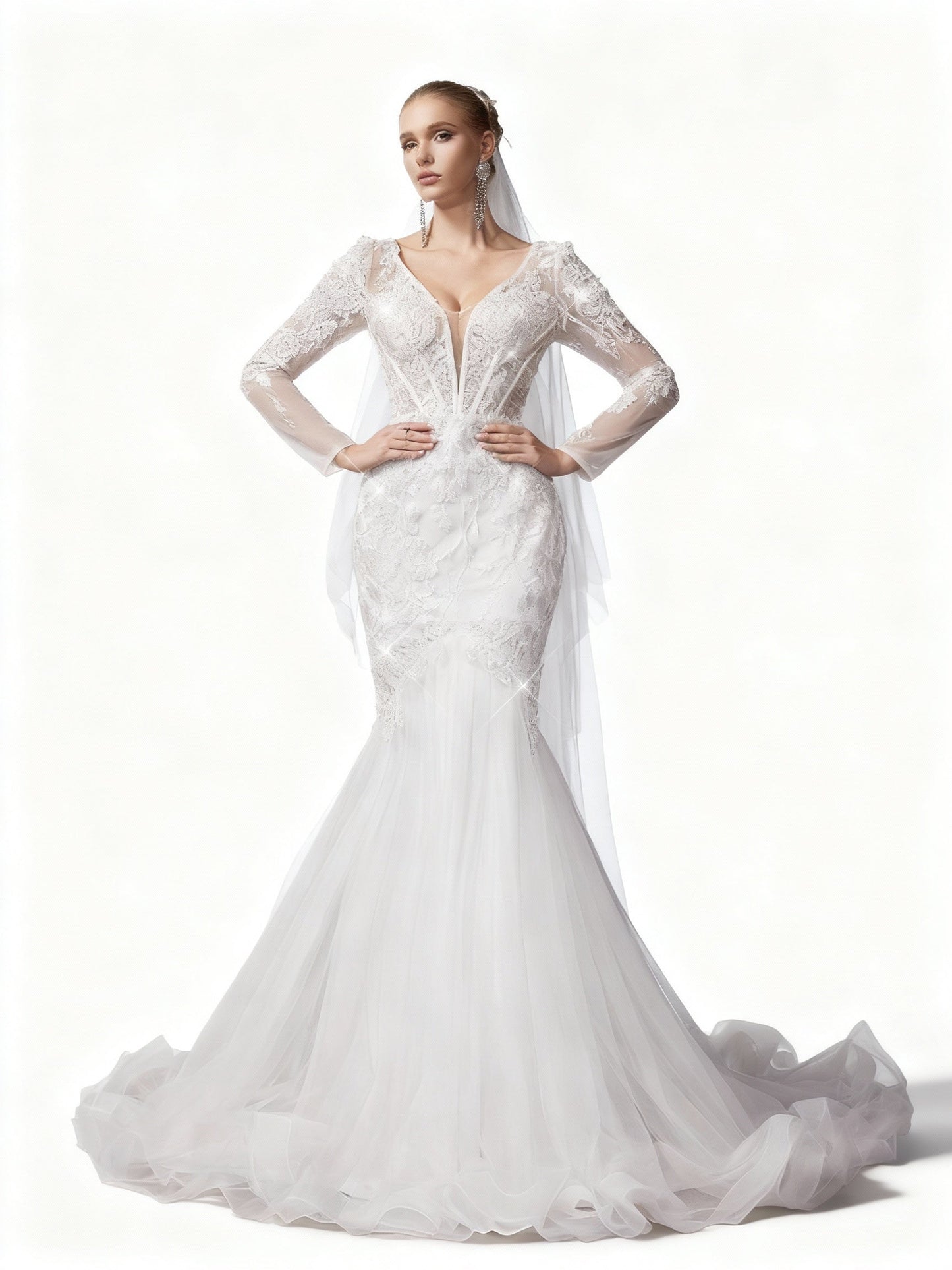 Stalluxe | Romantisches Weißes Spitzen-Brautkleid mit Mesh, V-Ausschnitt und Langarm