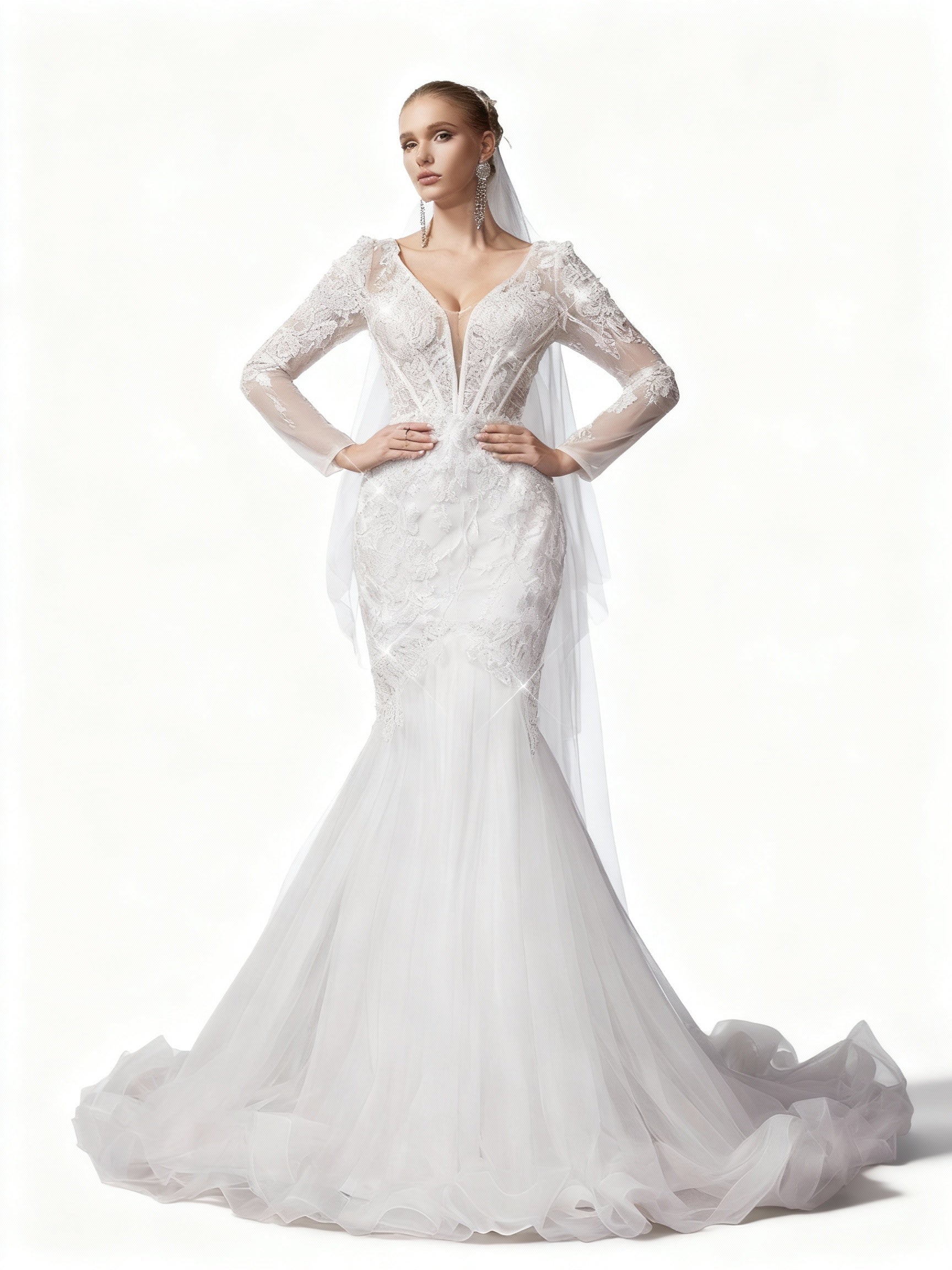 Stalluxe | Romantisches Weißes Spitzen-Brautkleid mit Mesh, V-Ausschnitt und Langarm