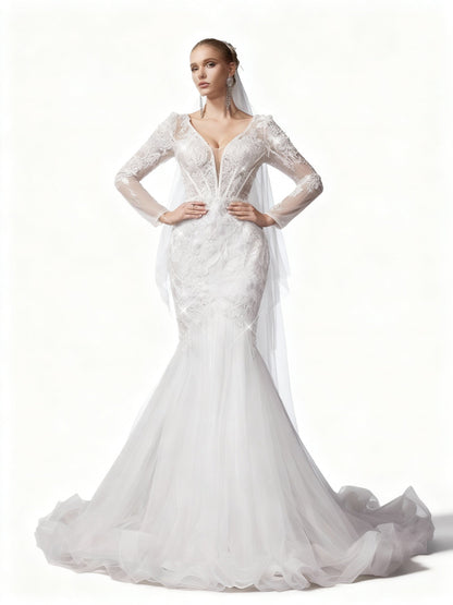 Stalluxe | Romantisches Weißes Spitzen-Brautkleid mit Mesh, V-Ausschnitt und Langarm