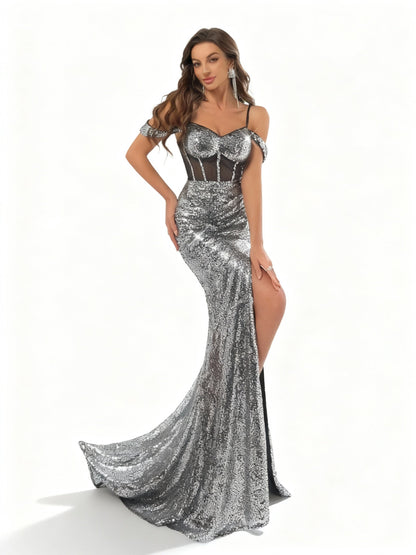 Stalluxe | Glamouröses Metallic-Paillettenkleid ohne Träger mit Hohem Schlitz