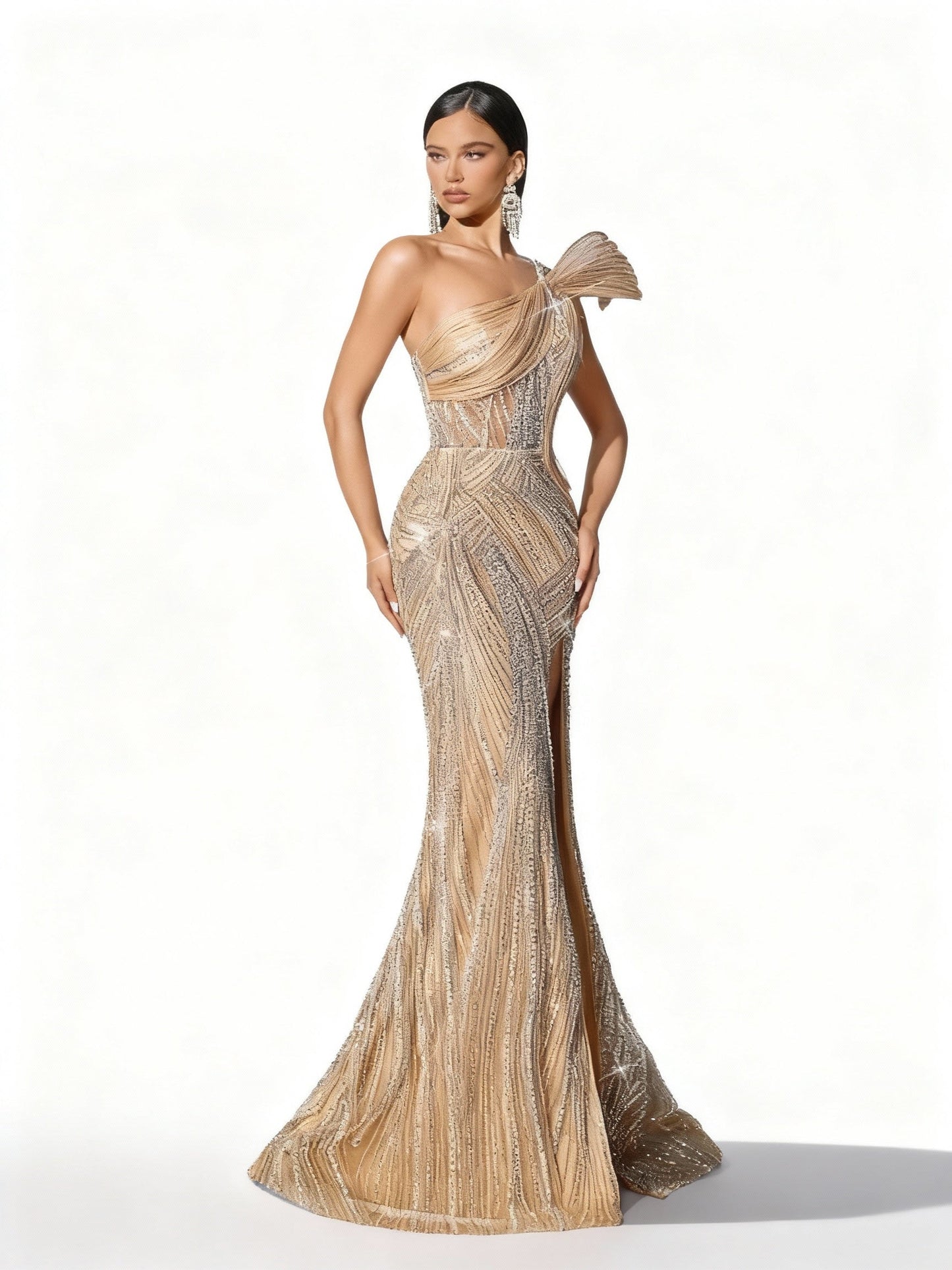 Stalluxe | Sanft Glitzerndes Einfarbiges Paillettenkleid mit Asymmetrischem Ausschnitt und Schlitz