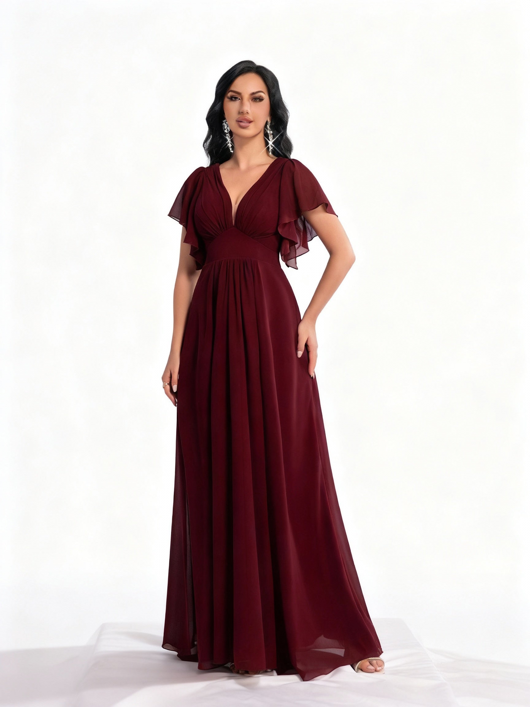 Stalluxe | Schlichtes Burgunderrotes Chiffon-Abendkleid mit V-Ausschnitt