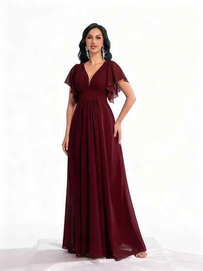 Stalluxe | Schlichtes Burgunderrotes Chiffon-Abendkleid mit V-Ausschnitt