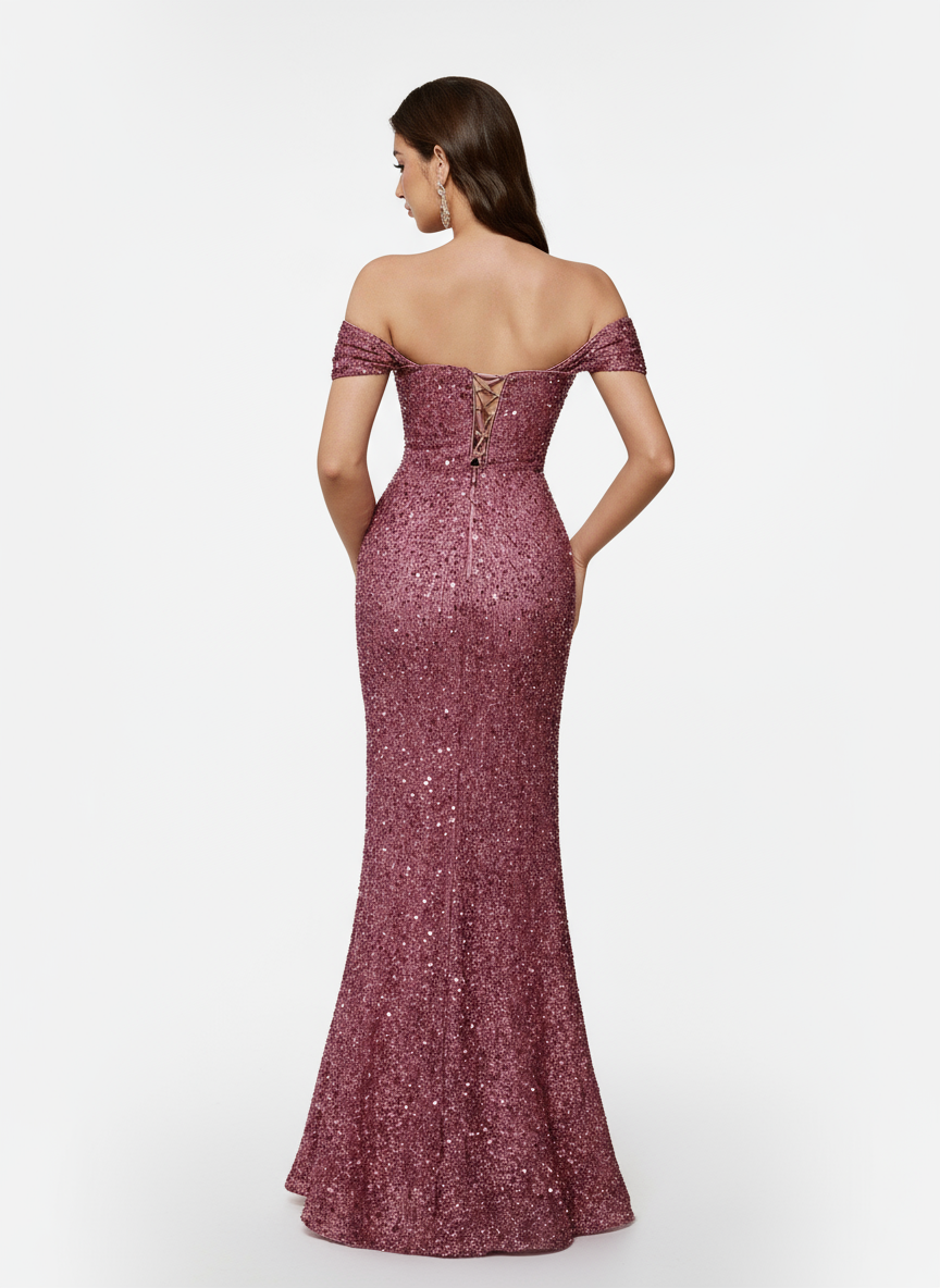 Stalluxe | Romantisches Pink Trägerloses Pailletten Perlen Abendkleid