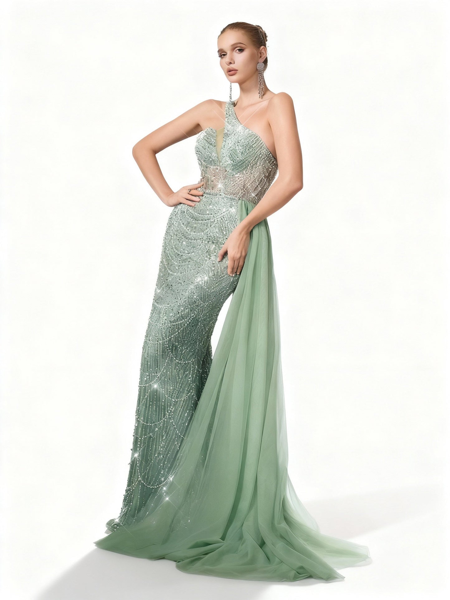 Stalluxe | Elegantes Minzgrünes One-Shoulder-Pailletten-Abendkleid