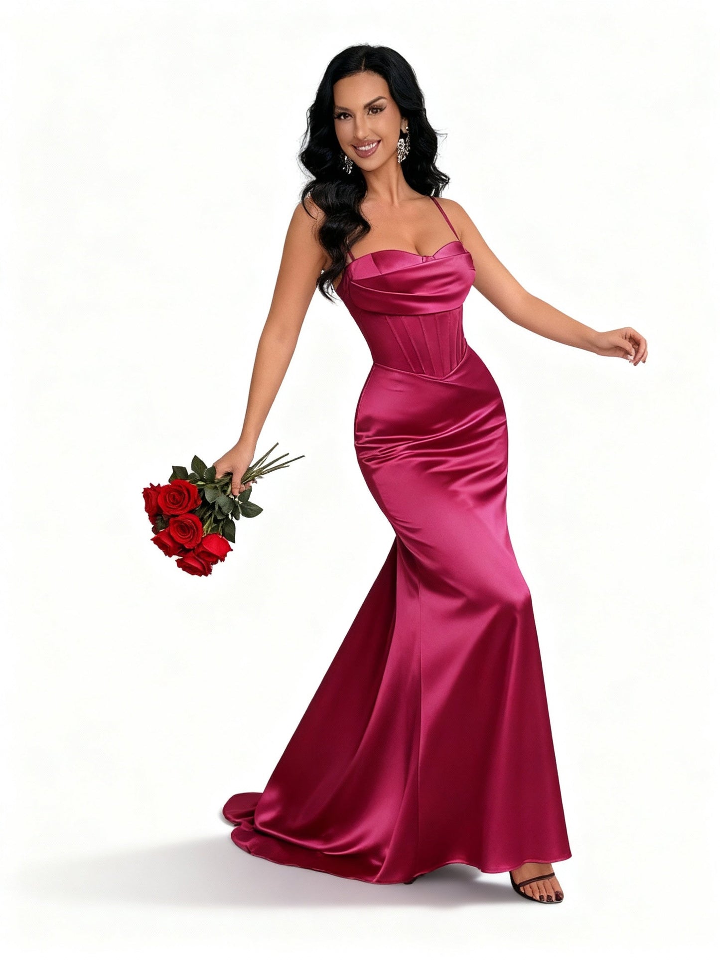 Stalluxe | Satinkleid mit Spaghettiträgern und Halterneck Rosenrot