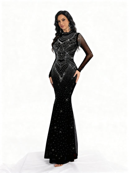 Stalluxe | Edles Abendkleid in Schwarz mit Strassbesatz, langen Ärmeln und Meerjungfrauen-Saum XL