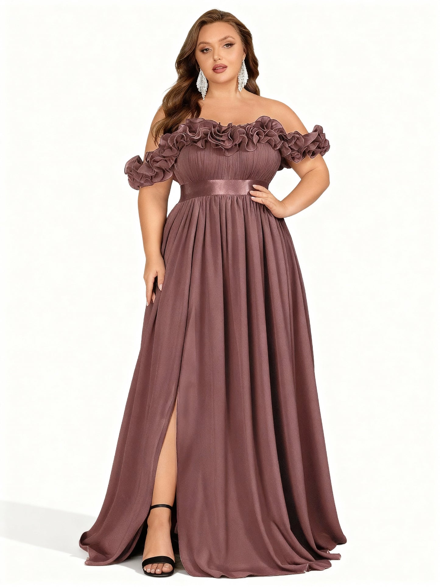 Stalluxe | Schulterfreies Blumenkleid in Großen Größen Korallenpuder