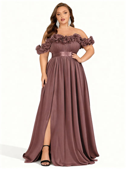 Stalluxe | Schulterfreies Blumenkleid in Großen Größen Korallenpuder