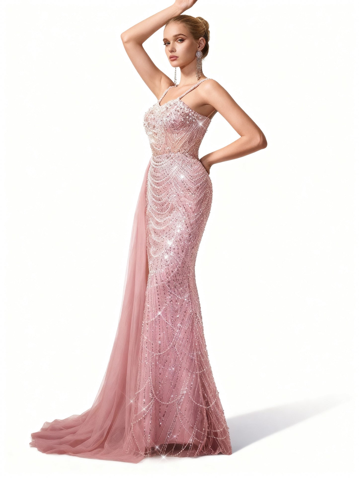 Stalluxe | Perlenbesetztes Kleid mit Spaghettiträgern im Meerjungfrauenstil
