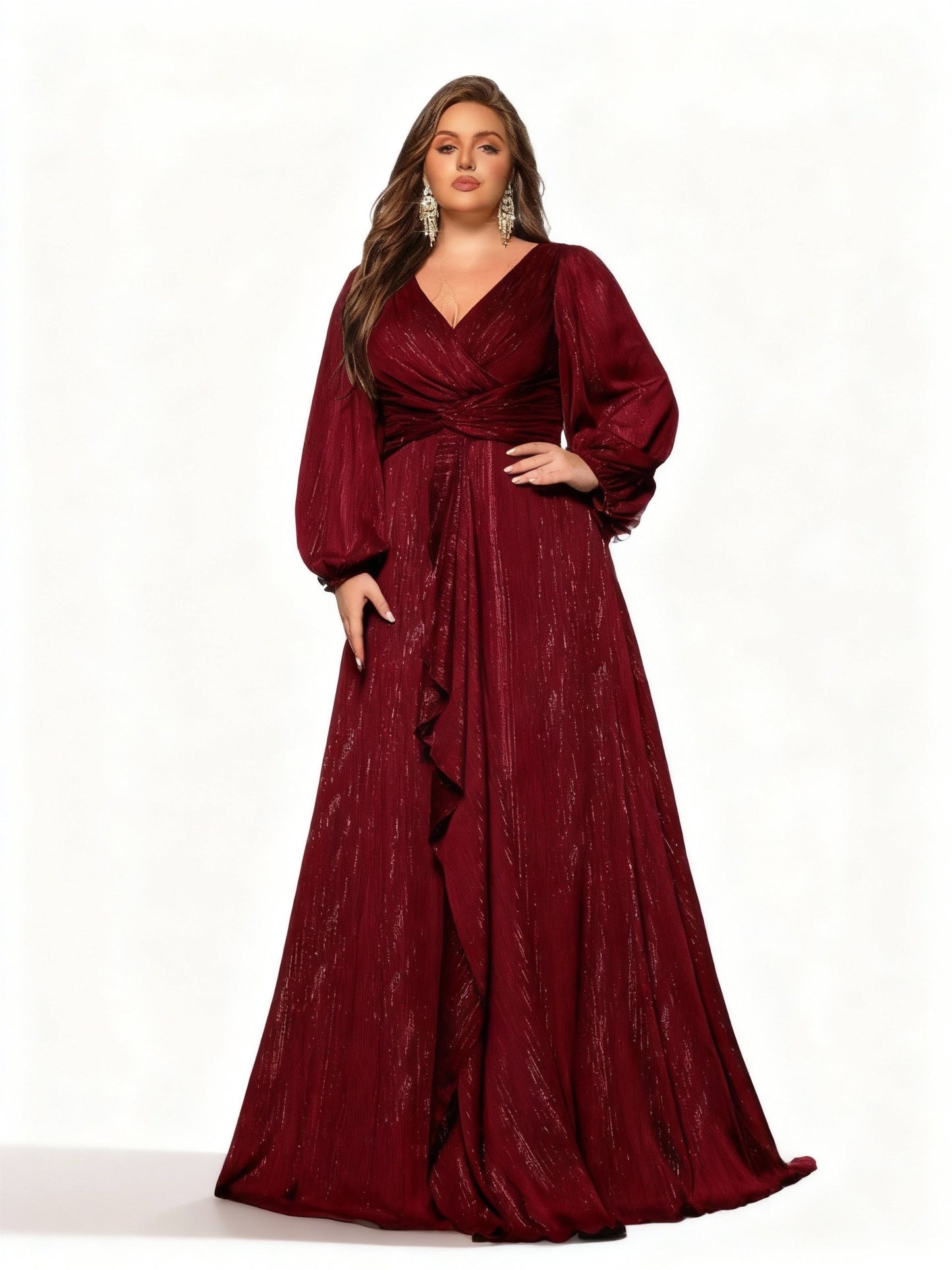 Stalluxe | Elegantes Abendkleid in Übergröße mit langen Ärmeln Weinrot