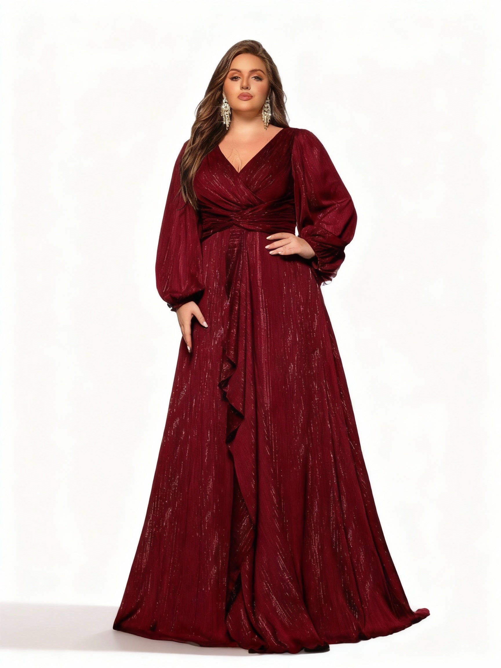 Stalluxe | Elegantes Abendkleid in Übergröße mit langen Ärmeln Weinrot