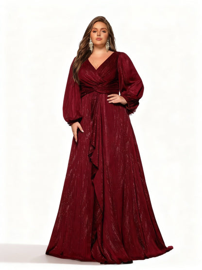 Stalluxe | Elegantes Abendkleid in Übergröße mit langen Ärmeln Weinrot