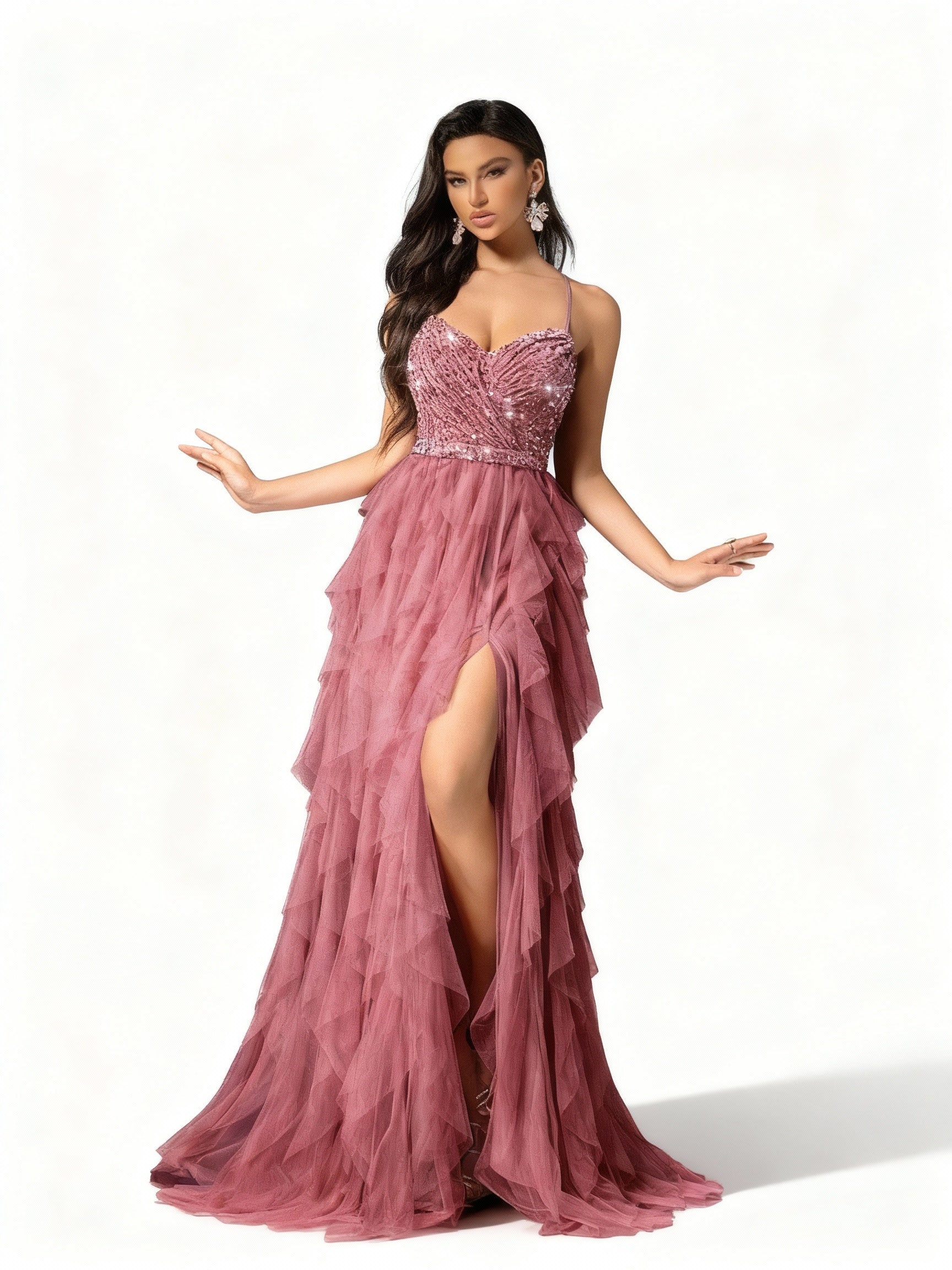 Stalluxe | Romantisches Rückenkleid aus Mesh und Pailletten Lotuswurzelpulver rosa