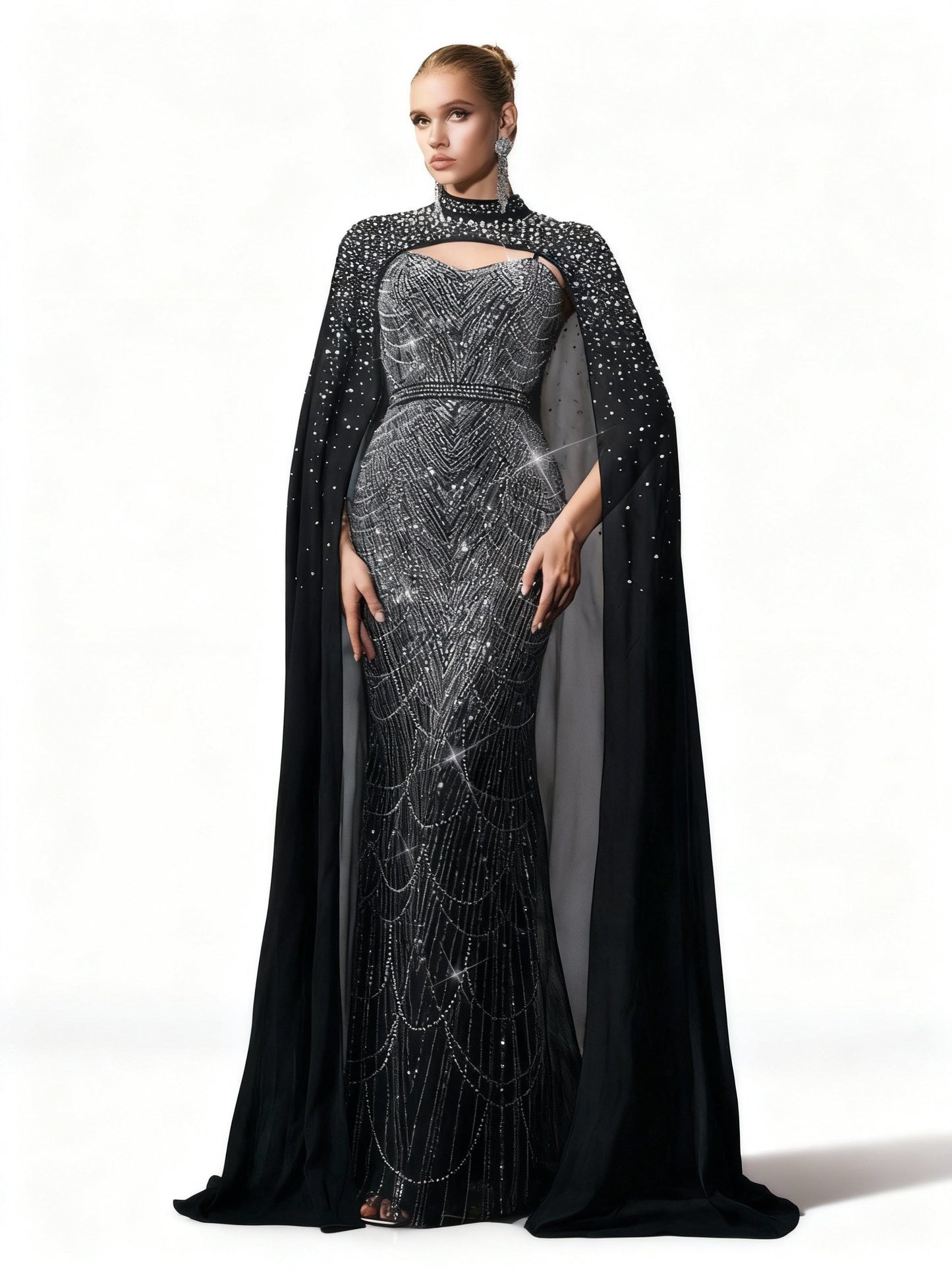 Stalluxe | Anmutiges Blaues Abendkleid mit Applikationen, Rüschenärmeln und Schlitz