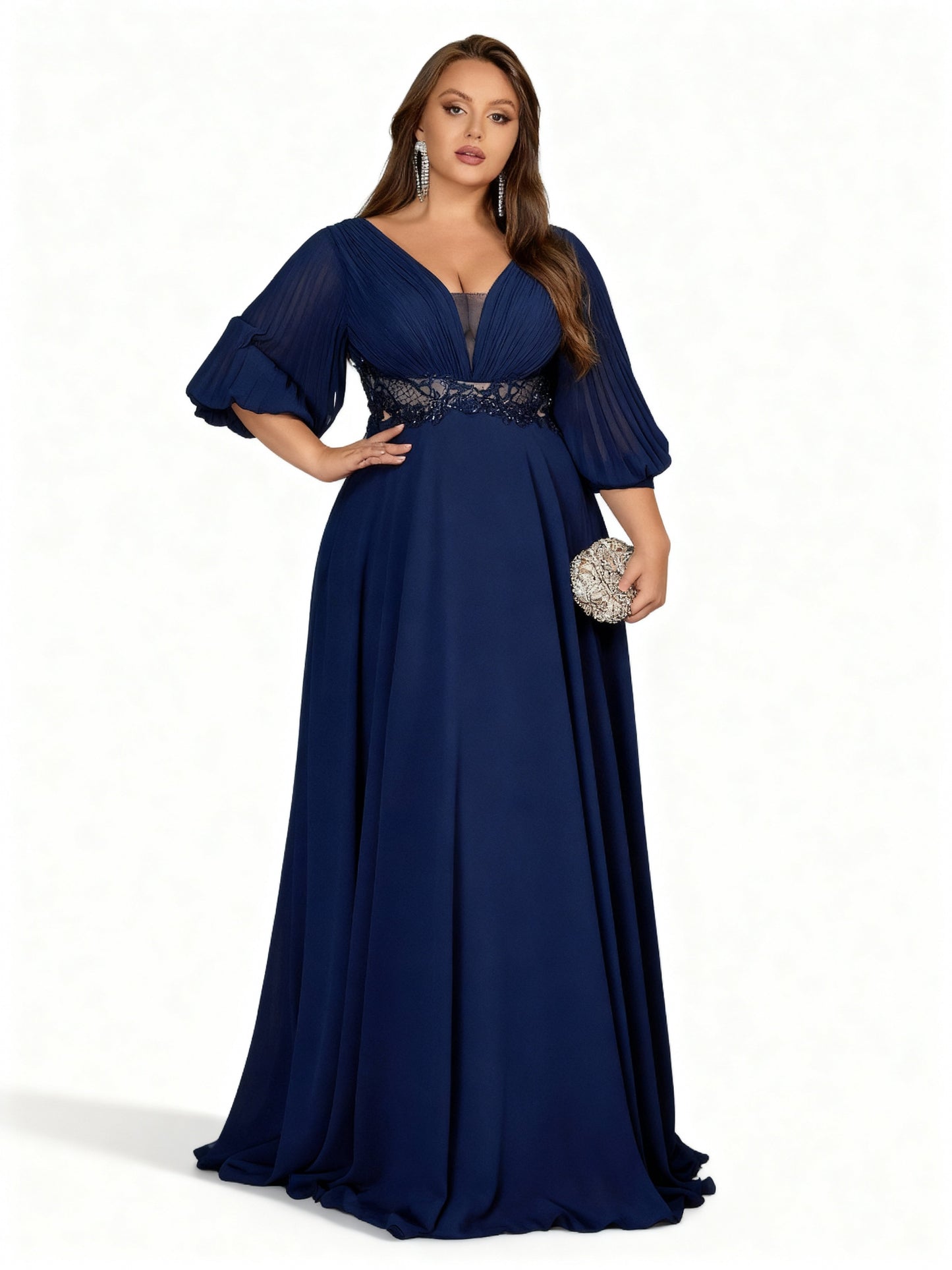 Stalluxe | Chiffon-Abendkleid in Marineblau mit Laternenärmeln und V-Ausschnitt in Übergröße