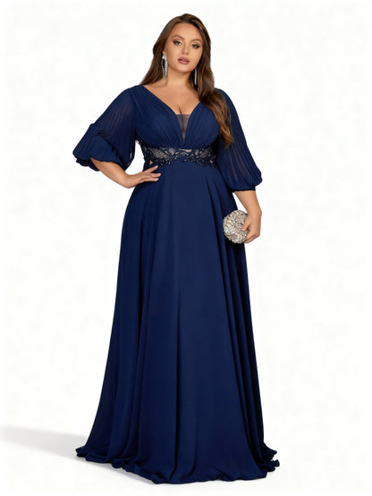 Stalluxe | Chiffon-Abendkleid in Marineblau mit Laternenärmeln und V-Ausschnitt in Übergröße