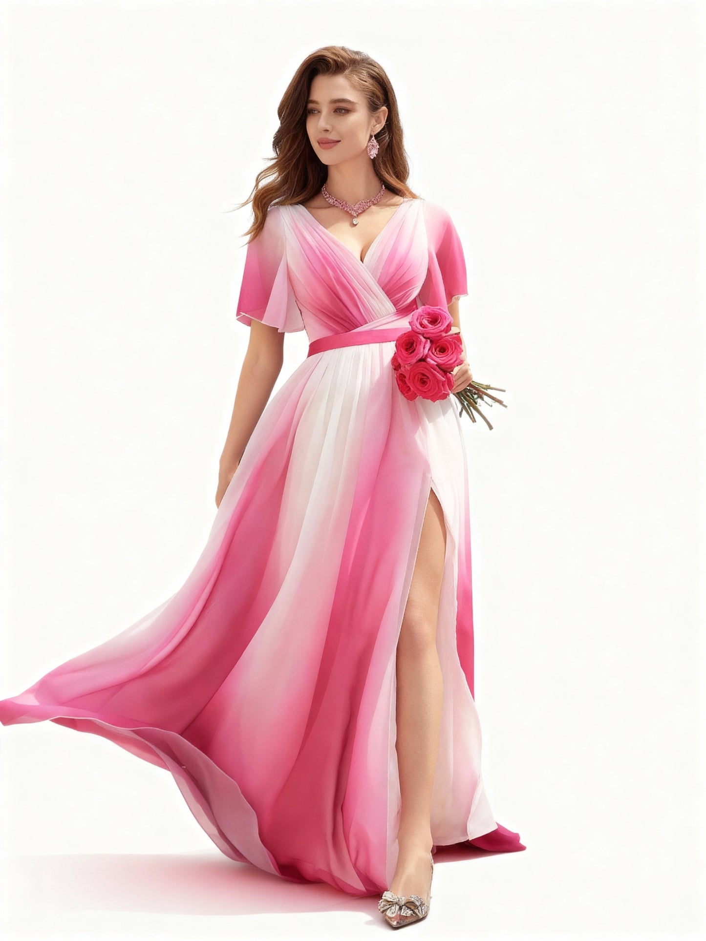 Stalluxe | Romantisches Abendkleid mit Farbverlauf, Wickeldesign und hohem Schlitz