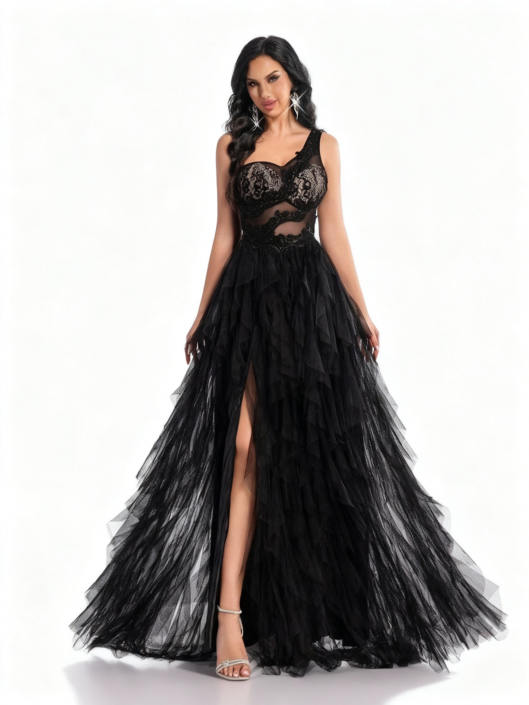 Stalluxe | Einseitiges Spitzen-Mesh-Abendkleid XL