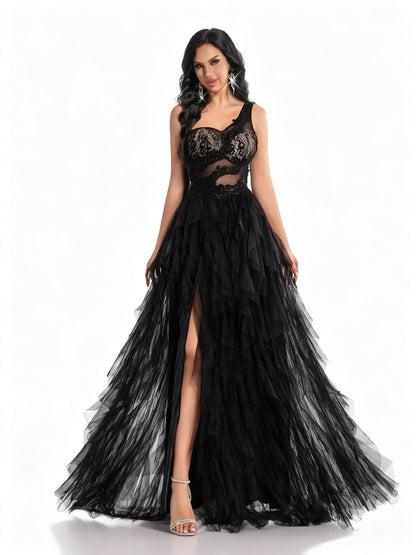 Stalluxe | Einseitiges Spitzen-Mesh-Abendkleid XL